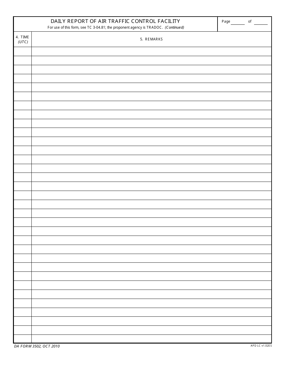 DA Form 3502 Daily Report of Air Traffic Control Facility, Page 5