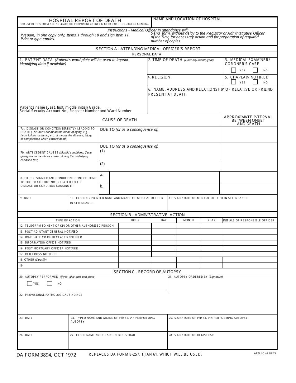 DA Form 3894 Hospital Report of Death, Page 1