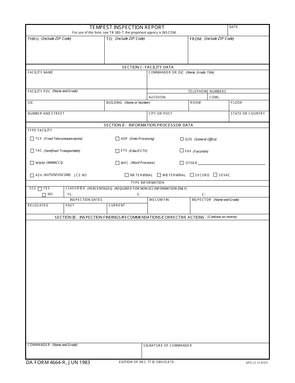 DA Form 4664-r Tempest Inspection Report, Page 1