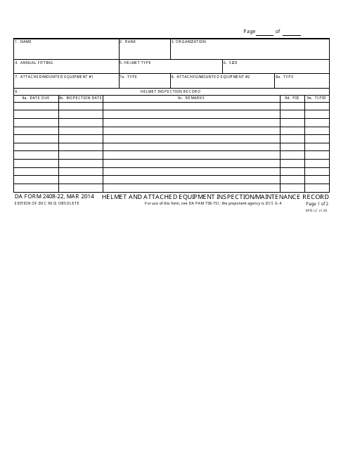 DA Form 2408-22 Helmet and Attached Equipment Inspection/Maintenance Record