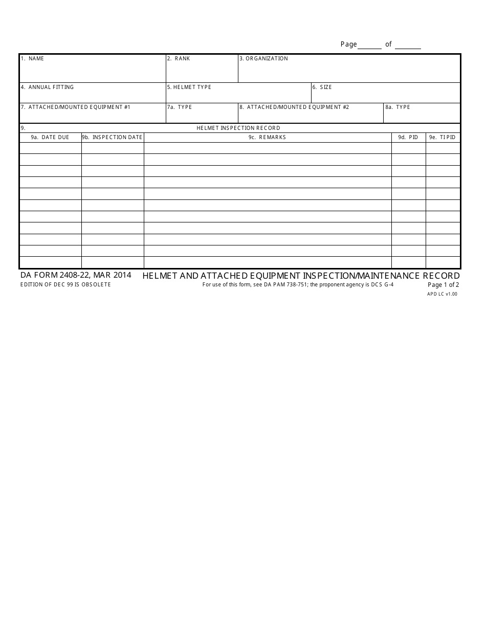 DA Form 2408-22 Helmet and Attached Equipment Inspection / Maintenance Record, Page 1