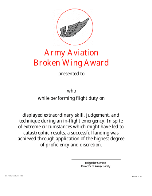 DA Form 5778 Army Aviation Broken Wing Award