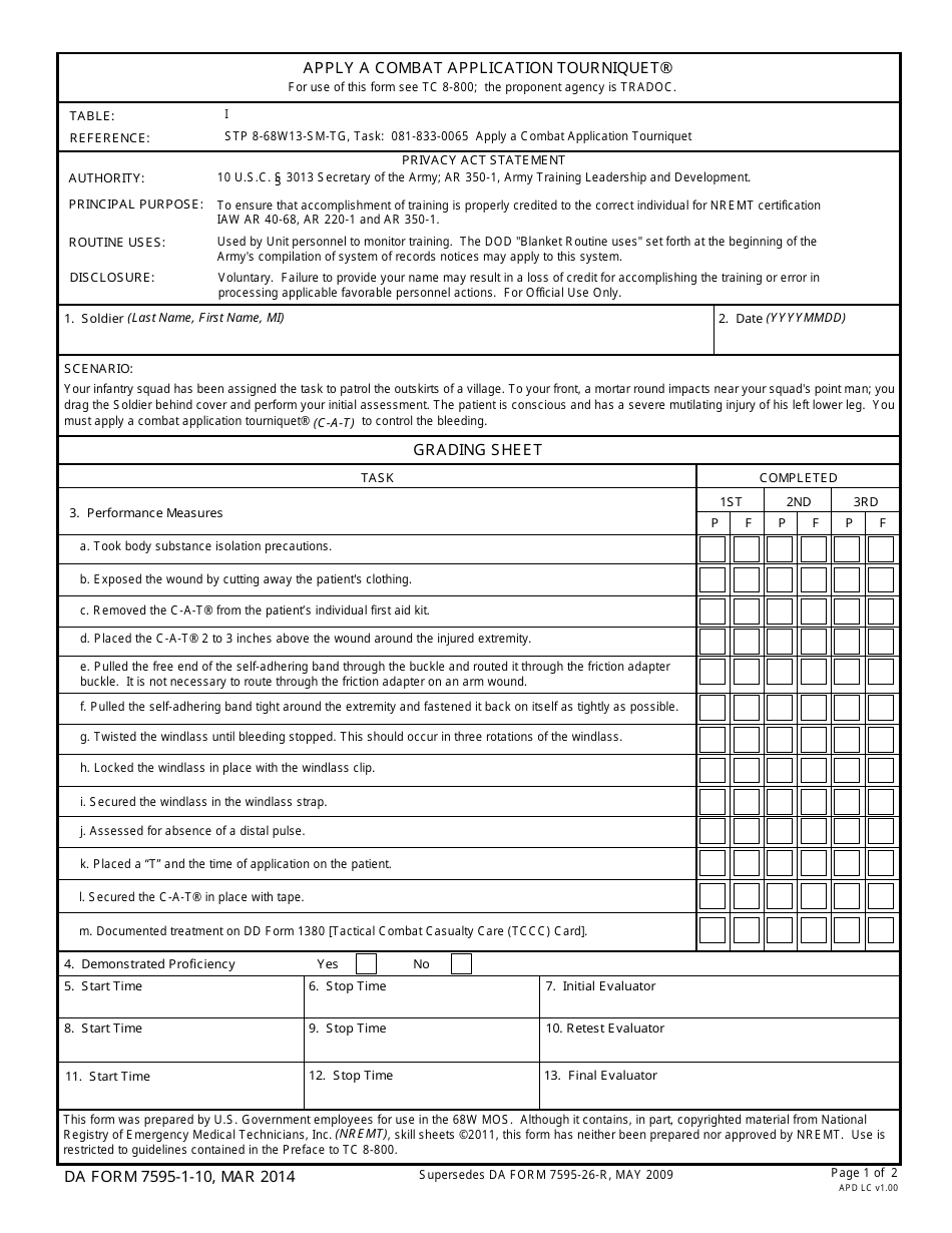 DA Form 7595-1-10 Apply a Combat Application Tourniquet, Page 1