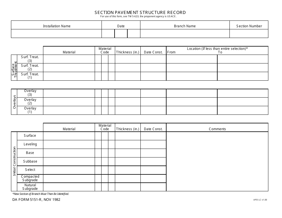 DA Form 5151-r Section Pavement Structure Record, Page 1