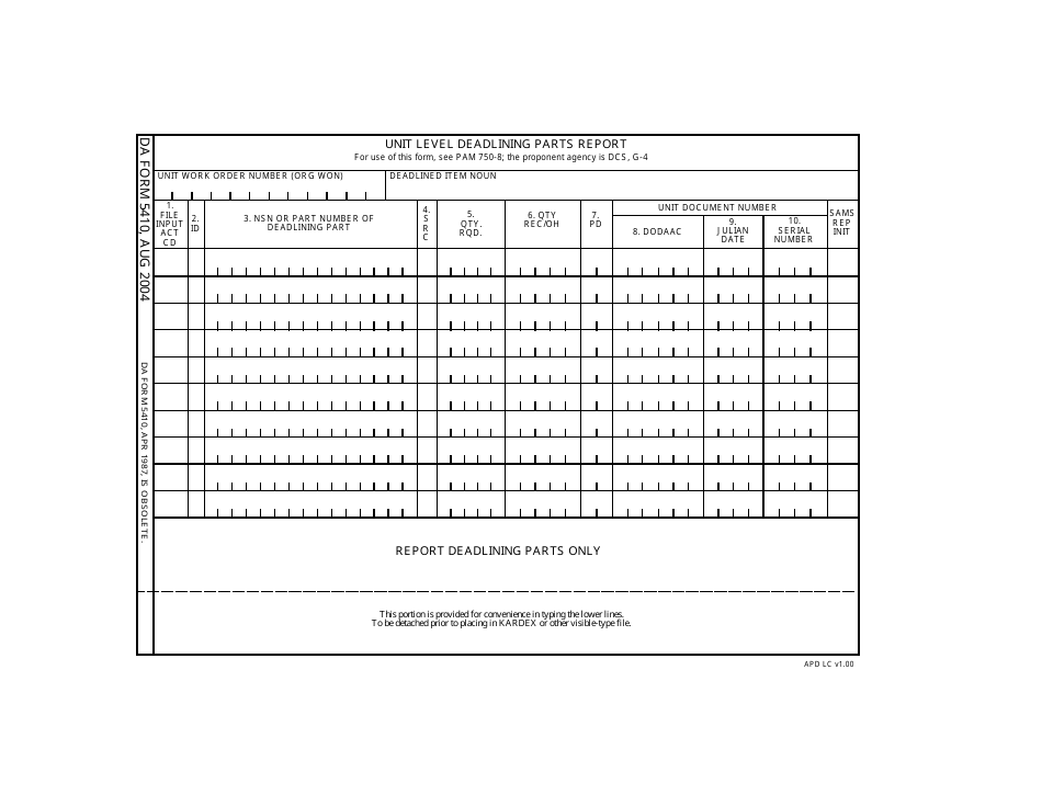 DA Form 5410 Unit Level Deadlining Parts Report, Page 1