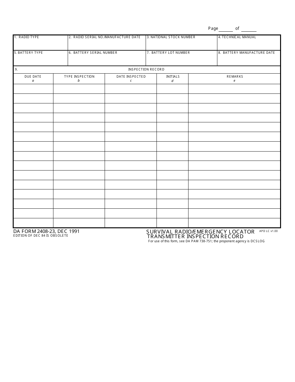 DA Form 2408-23 Survival Radio / Emergency Location Transmitter Inspection Record, Page 1