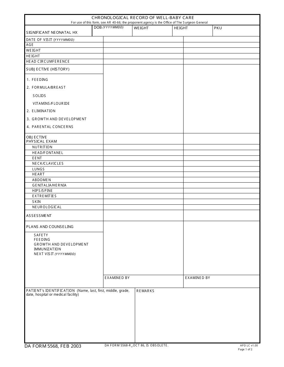 DA Form 5568 Chronological Record of Well - Baby Care, Page 1