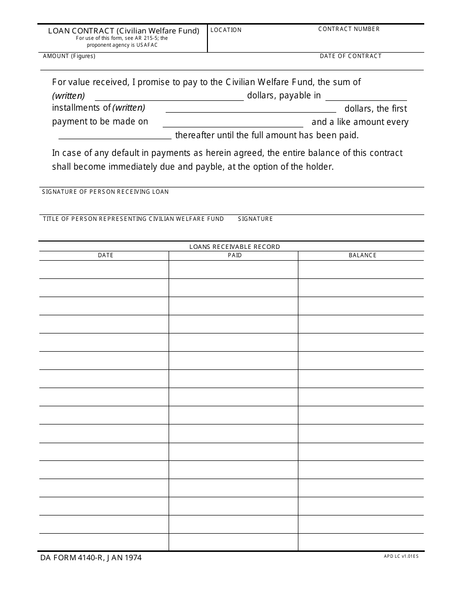 DA Form 4140-r Loan Contract (Civilian Welfare Fund), Page 1