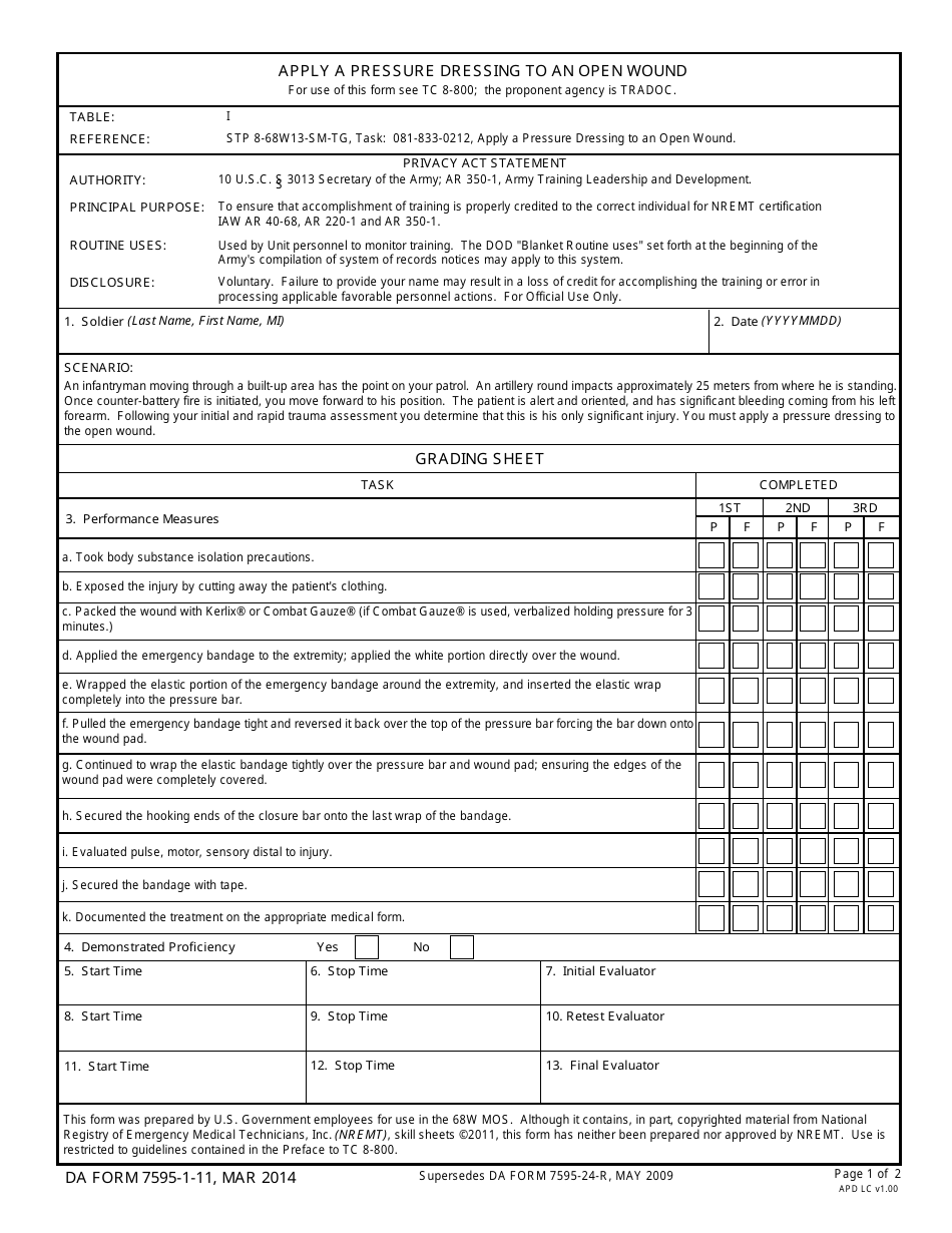 DA Form 7595-1-11 Apply a Pressure Dressing to an Open Wound, Page 1