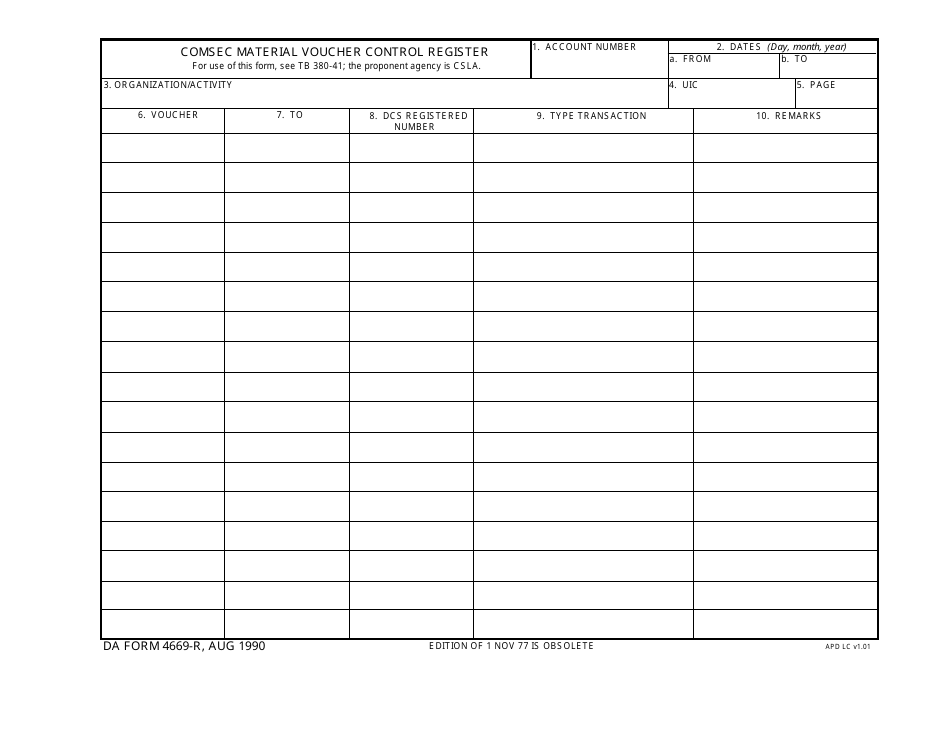 DA Form 4669-r Comsec Material Voucher Control Register, Page 1