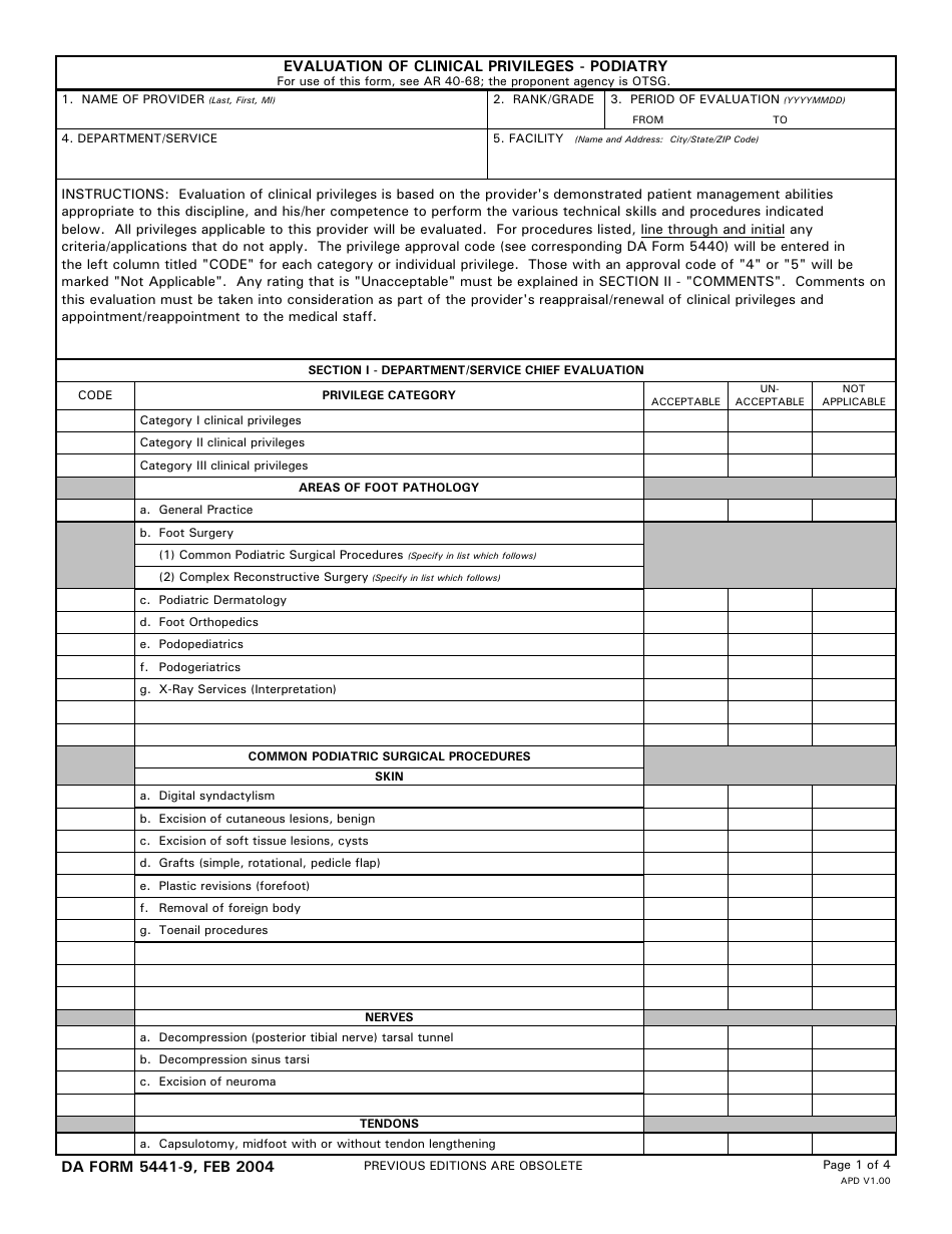 DA Form 5441-9 Evaluation of Clinical Privileges - Podiatry, Page 1