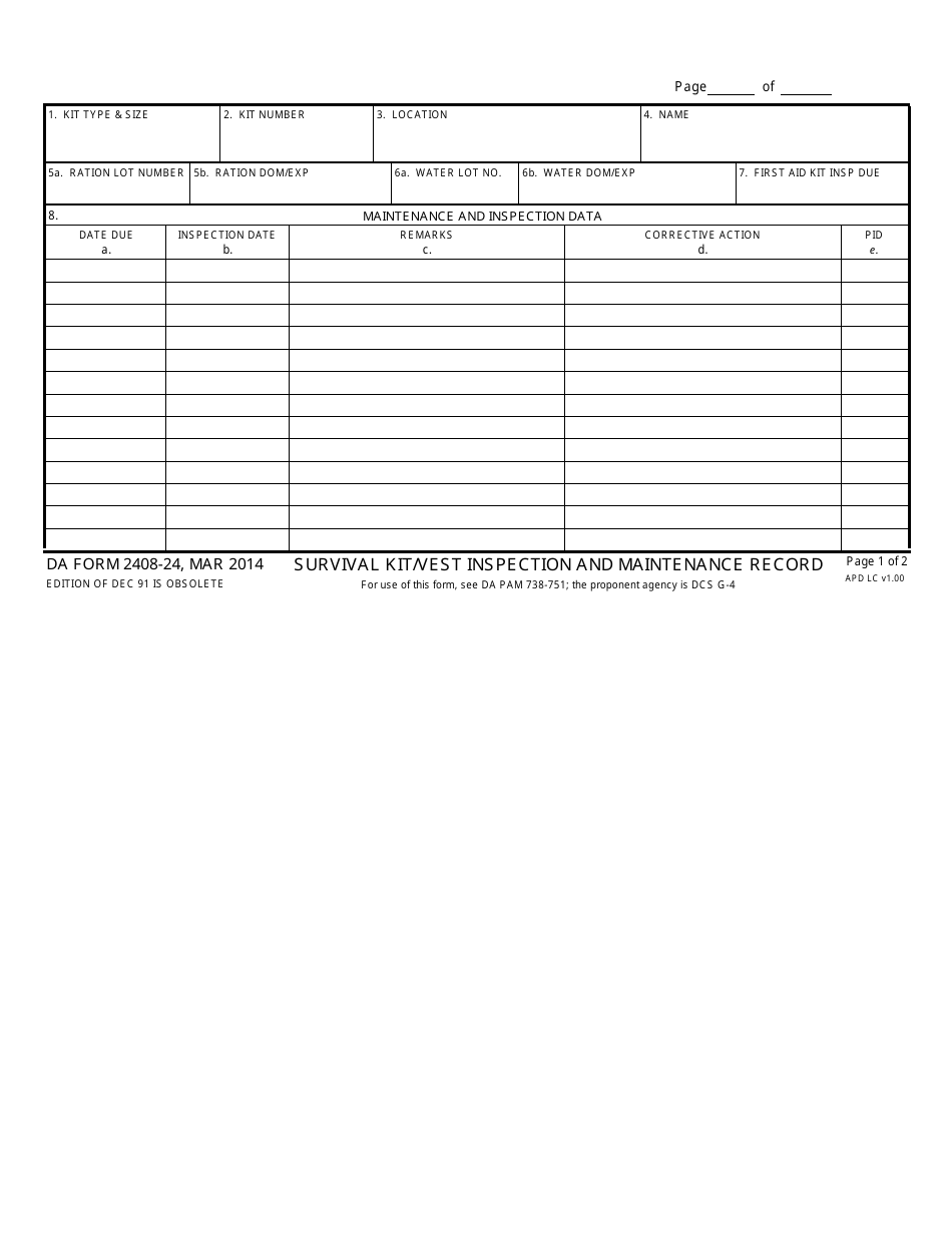 DA Form 2408-24 Survival Kit / Vest Inspection and Maintenance Record, Page 1