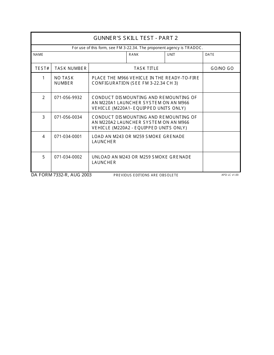 DA Form 7332-r Gunners Skill Test - Part 2, Page 1