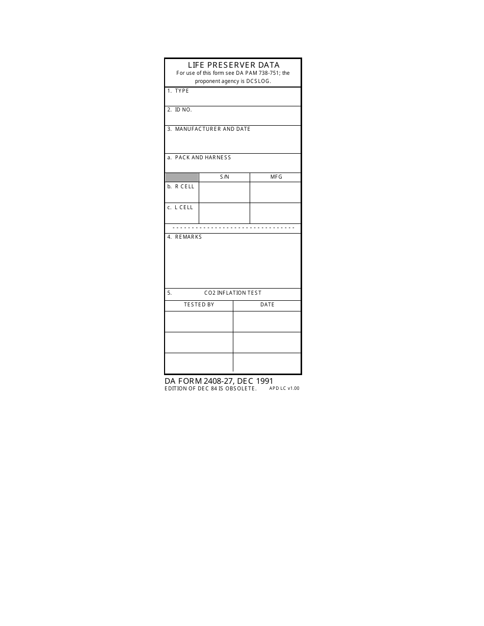 DA Form 2408-27 Life Preserver Data, Page 1