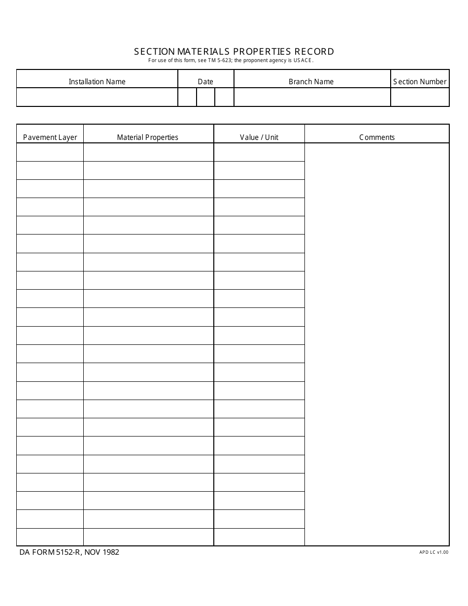 DA Form 5152-r Section Materials Property Record, Page 1
