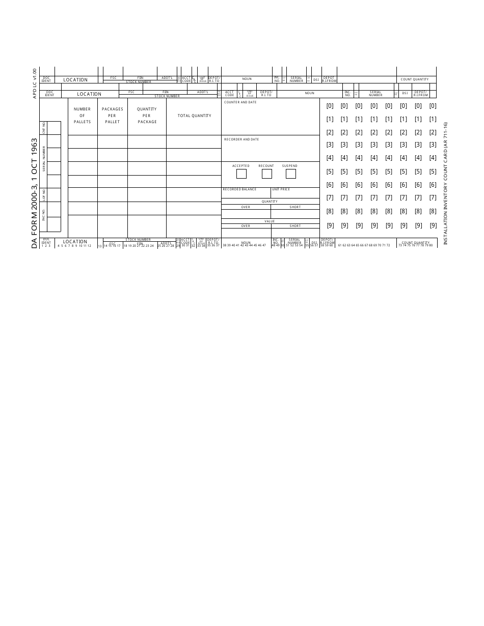 DA Form 2000-3 Installation Inventory Count Card, Page 1