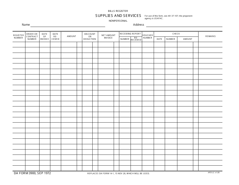 DA Form 3900 Bills Register Supplies and Services Nonpersonal, Page 1