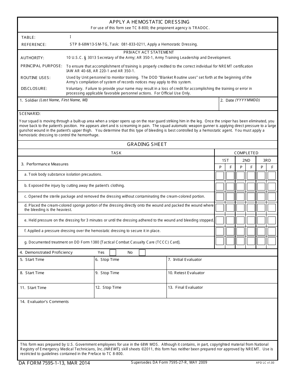 DA Form 7595-1-13 Apply a Hemostatic Dressing, Page 1