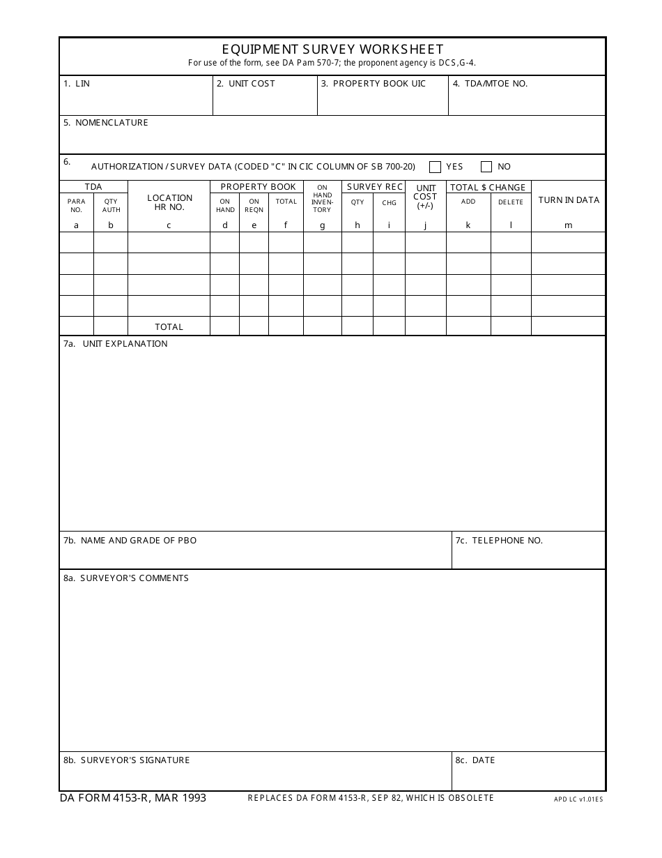 DA Form 4153-r Equipment Survey Work Sheet, Page 1
