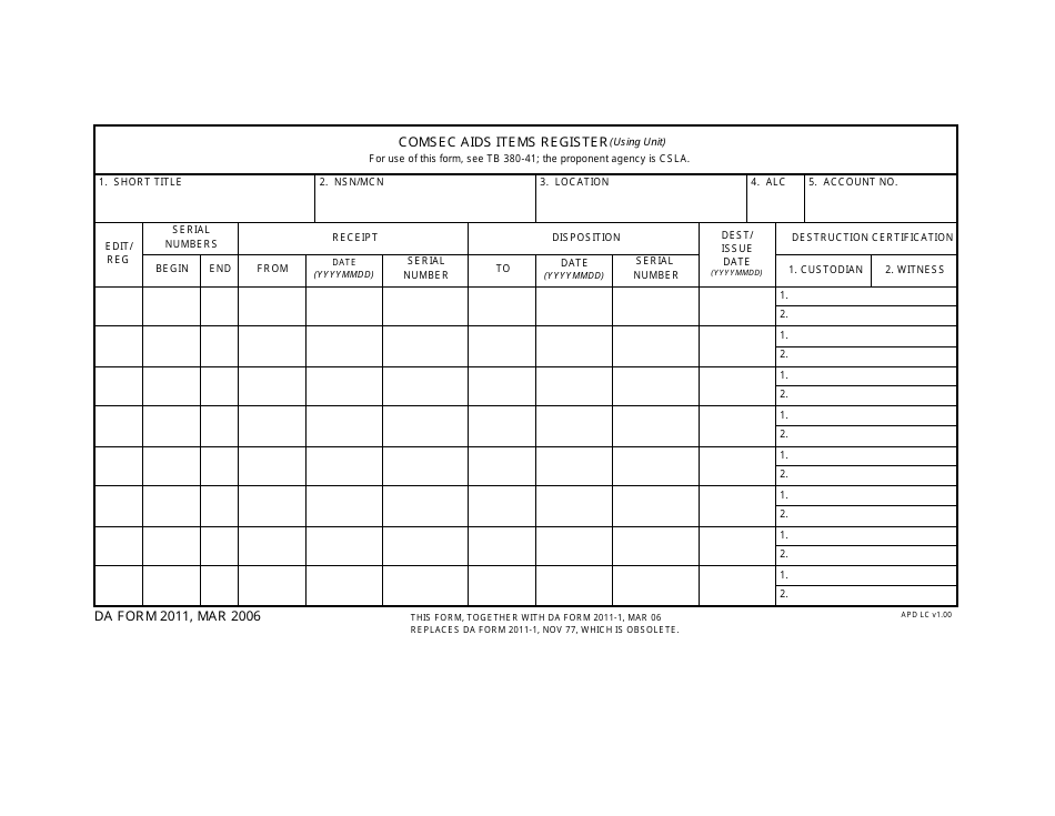 DA Form 2011 Comsec AIDS Items Register, Page 1