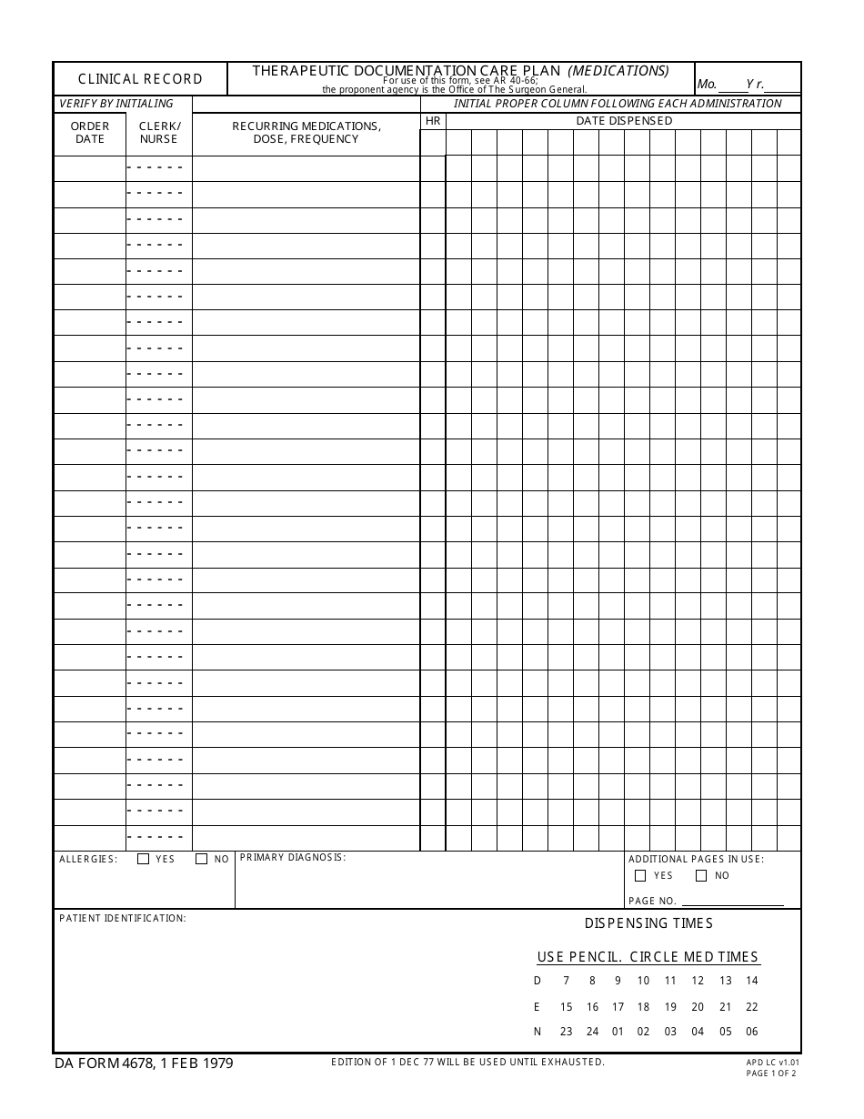 DA Form 4678 Therapeutic Documentation Care Plan (Medications), Page 1