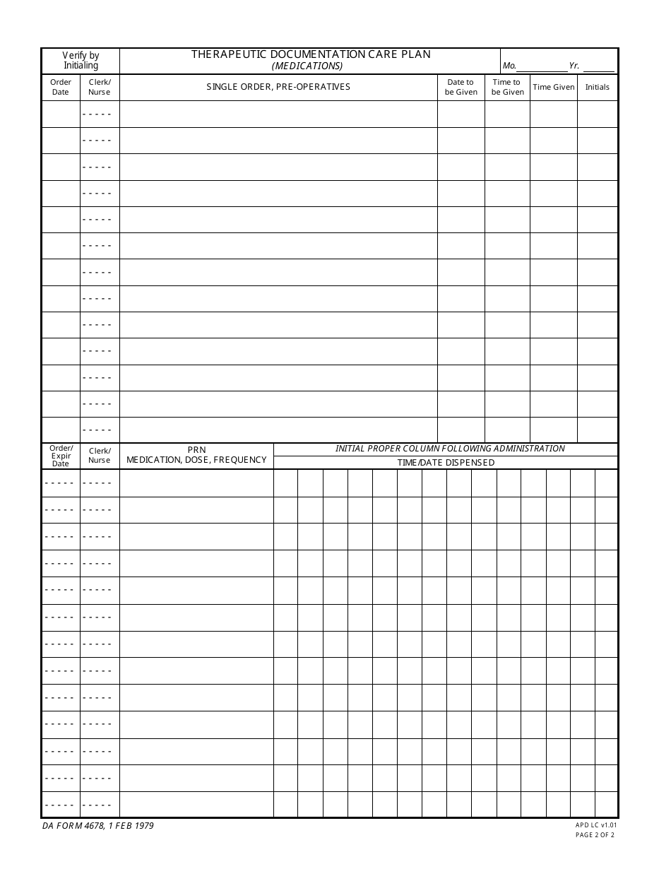 DA Form 4678 Therapeutic Documentation Care Plan (Medications), Page 2