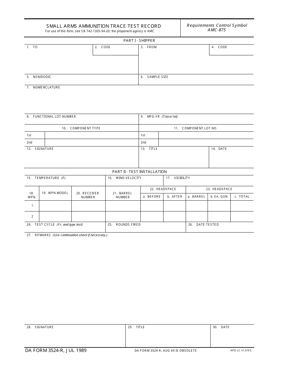 DA Form 3524-r Small Arms Ammunition Trace Test Record, Page 1