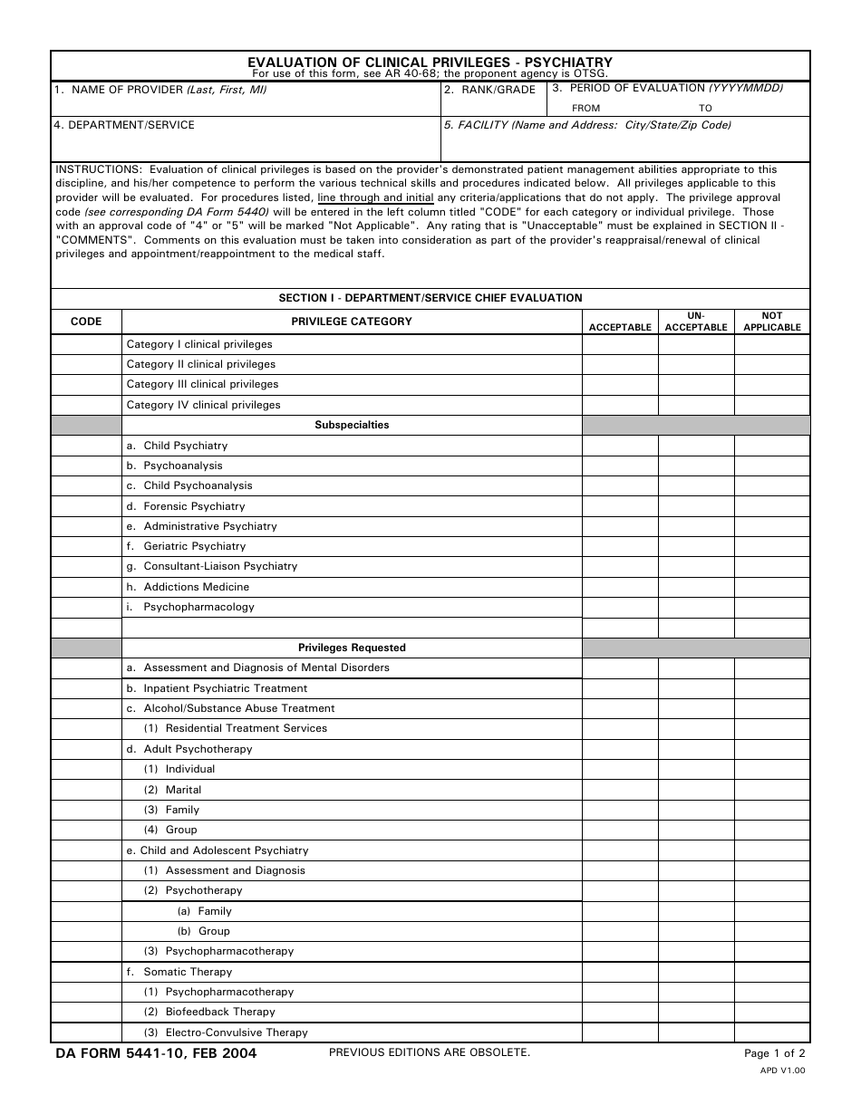 DA Form 5441-10 Evaluation of Clinical Privileges - Psychiatry, Page 1