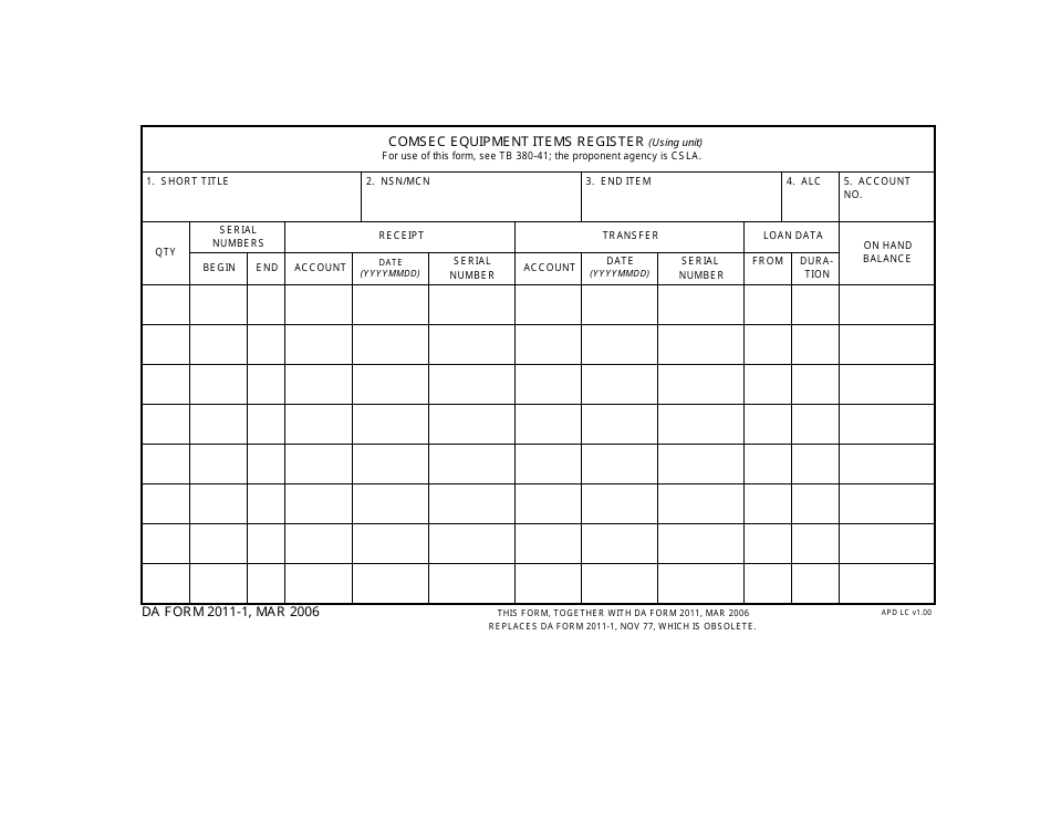 DA Form 2011-1 Comsec Equipment Items Register, Page 1