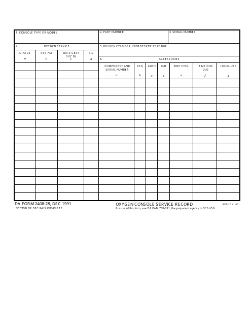 DA Form 2408-28 Oxygen Console Service Record