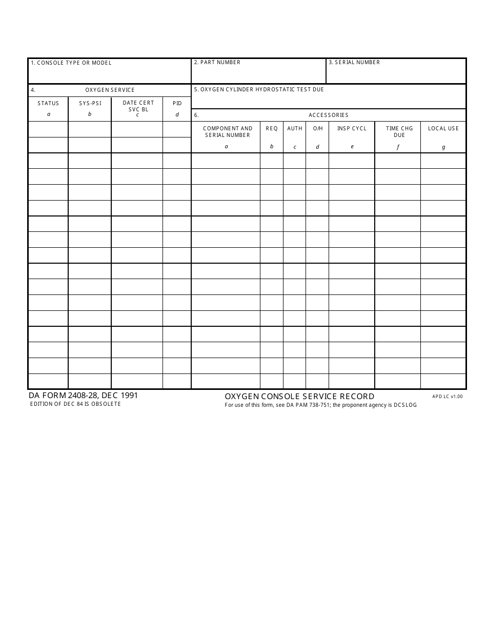 DA Form 2408-28 Oxygen Console Service Record, Page 1