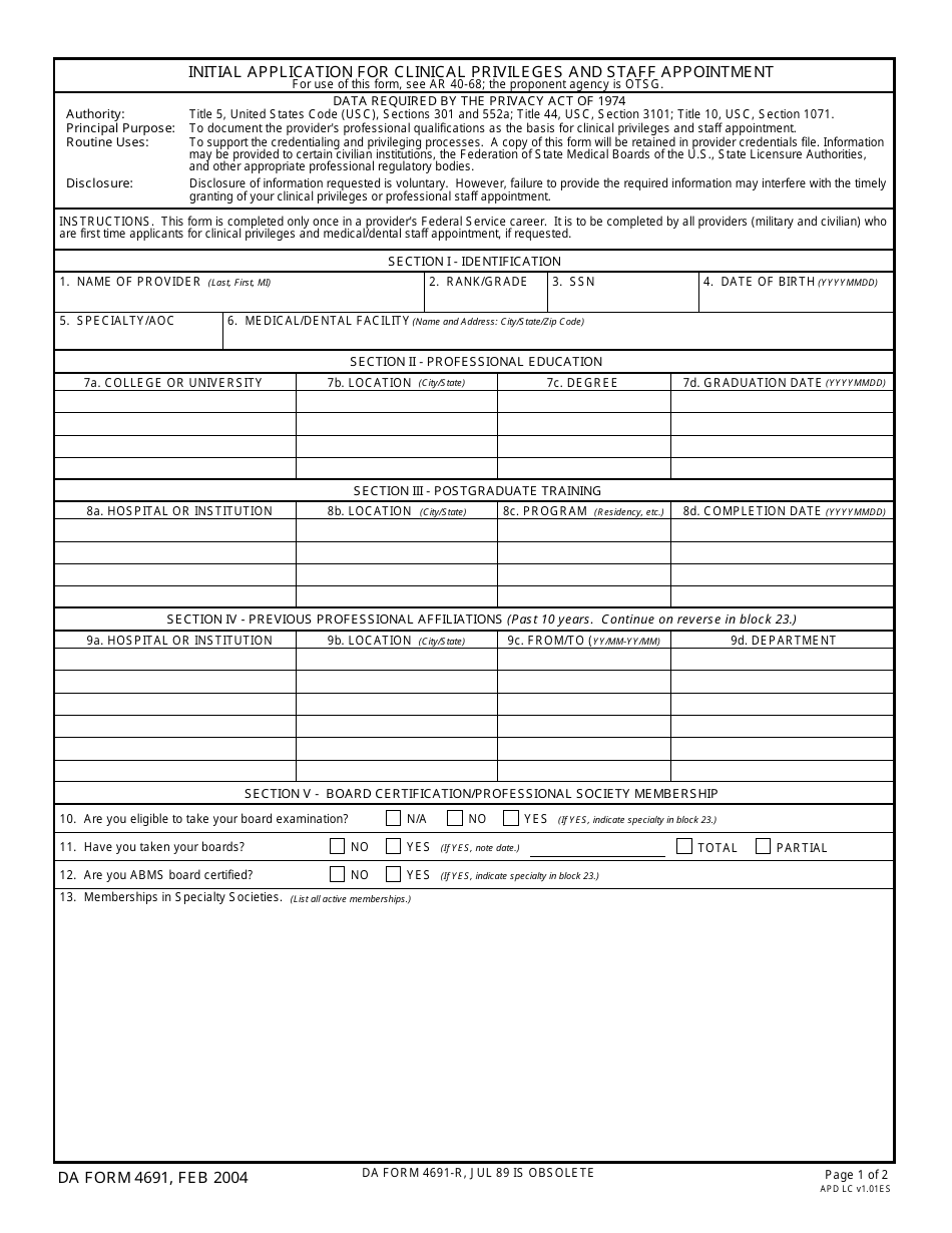 DA Form 4691 Initial Application for Clinical Privileges and Staff Appointment, Page 1