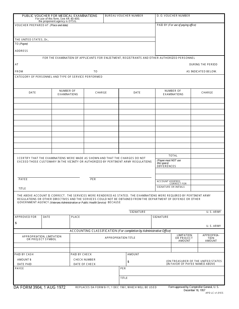 DA Form 3904 Public Voucher for Medical Examination, Page 1