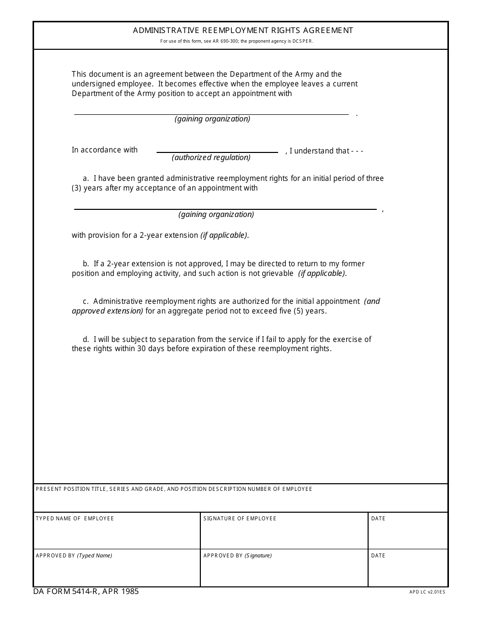 DA Form 5414 Administrative Reemployment Rights Agreement, Page 1