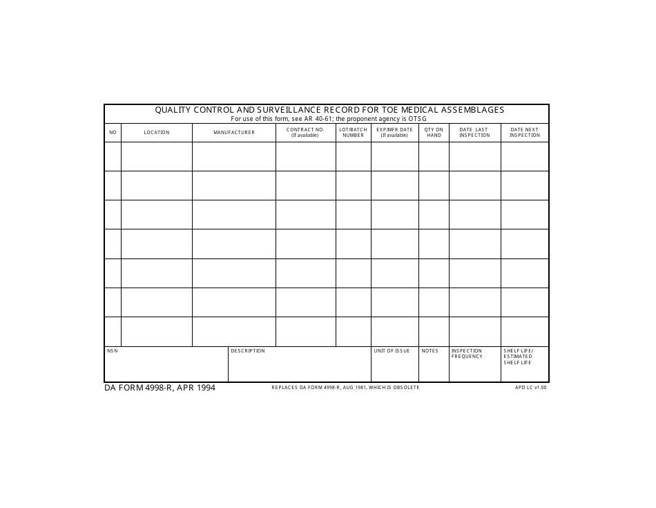 DA Form 4998-r Quality Control and Surveillance Record for Toe Medical Assemblage, Page 1