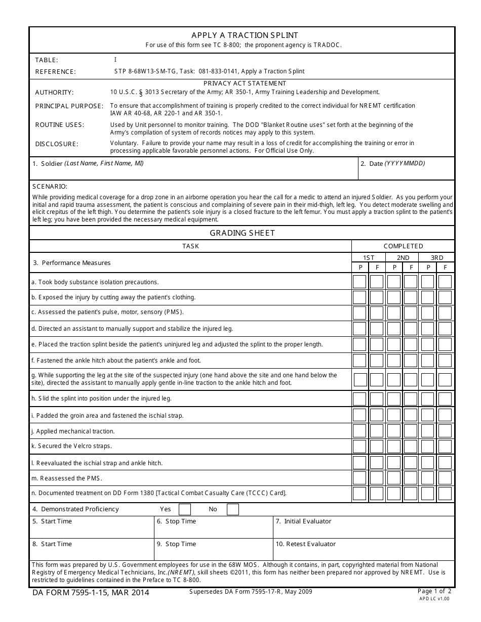 DA Form 7595-1-15 Apply a Traction Splint, Page 1