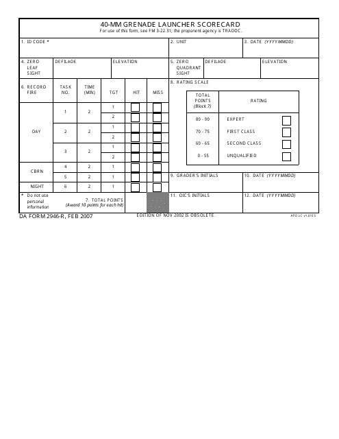 DA Form 2946-r 40-mm Grenade Launcher Scorecard