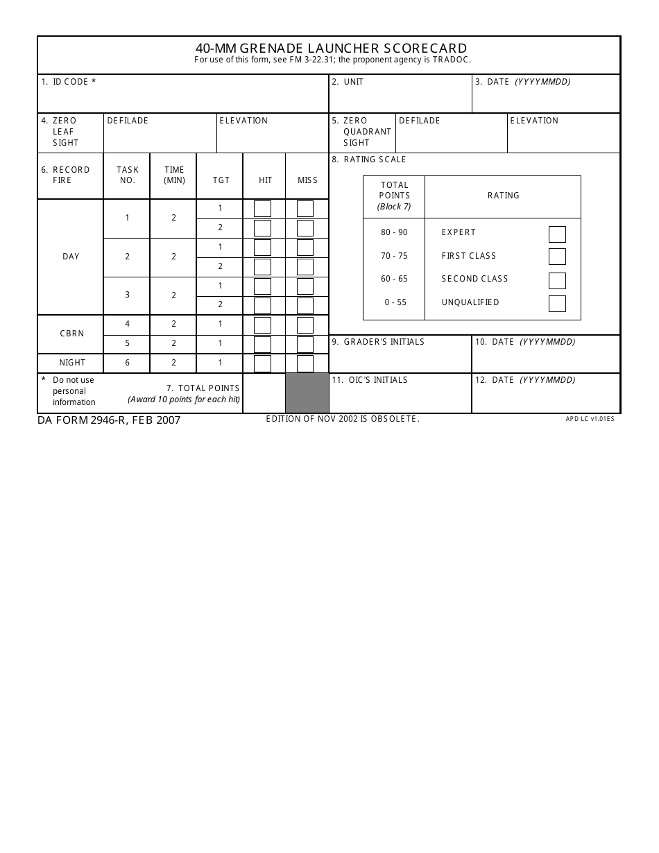 DA Form 2946-r 40-mm Grenade Launcher Scorecard, Page 1