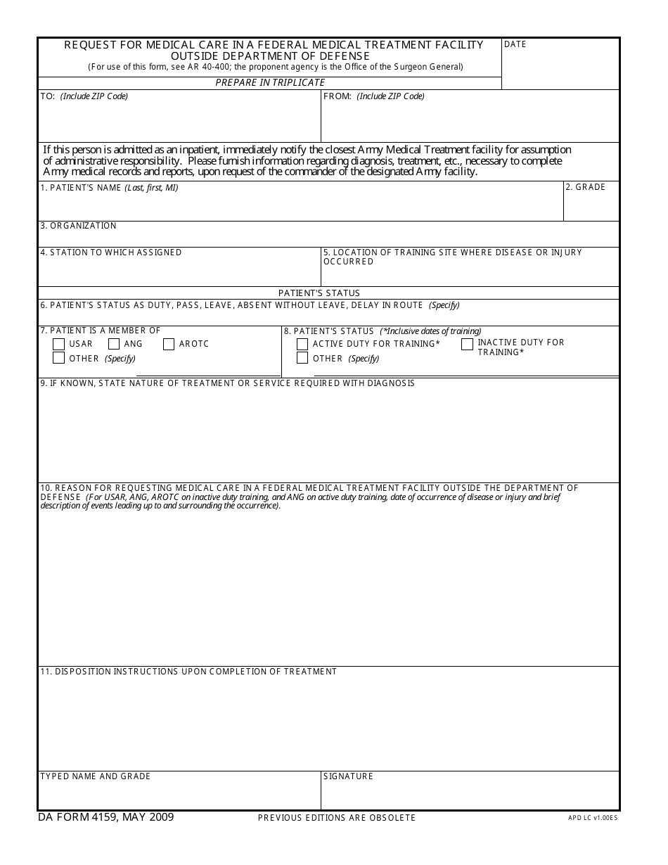 DA Form 4159 Request for Medical Care in a Federal Medical Treatment Facility Outside Department of Defense, Page 1