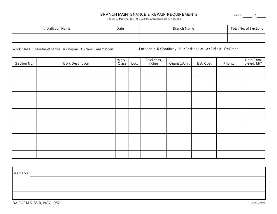 DA Form 5155-r Branch Maintenance and Repair Requirements, Page 1