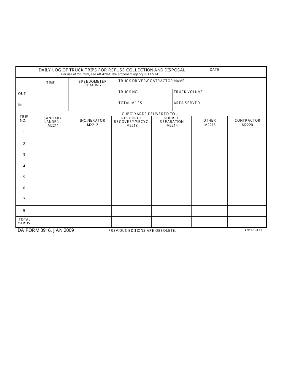 DA Form 3916 Daily Log of Truck TRiPS for Refuse Collection and Disposal, Page 1