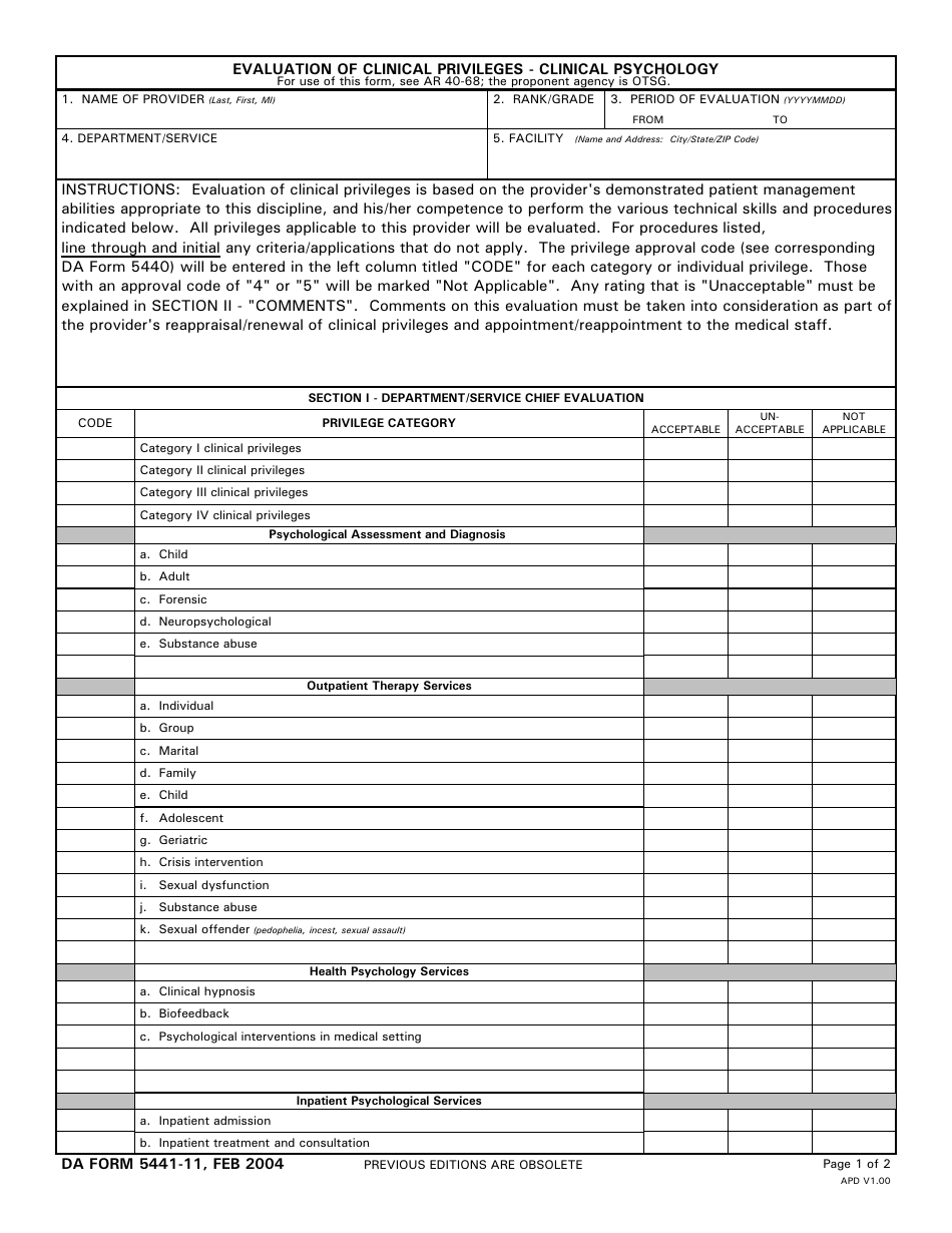 DA Form 5441-11 Evaluation of Clinical Privileges - Clinical Psychology, Page 1