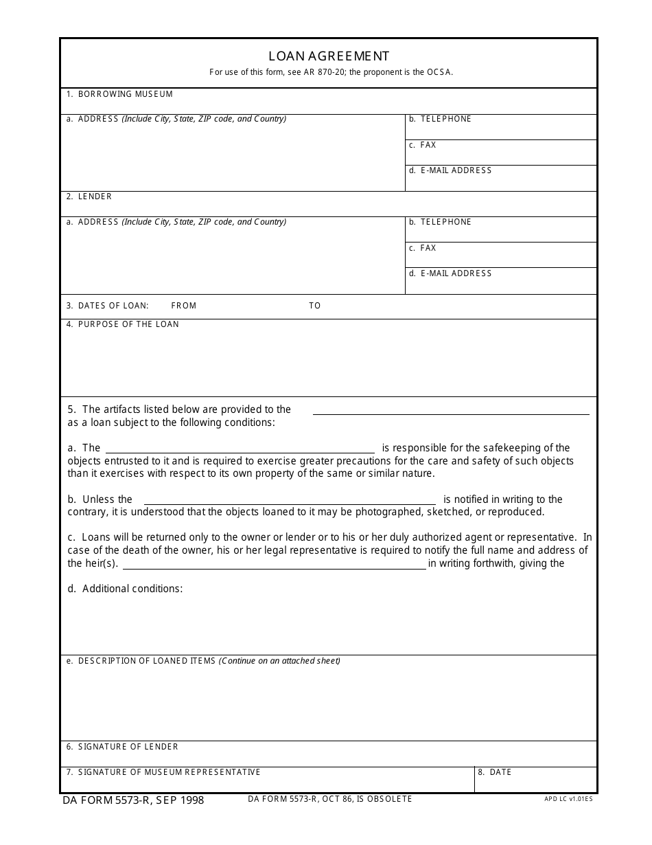 DA Form 5573-r Loan Agreement, Page 1