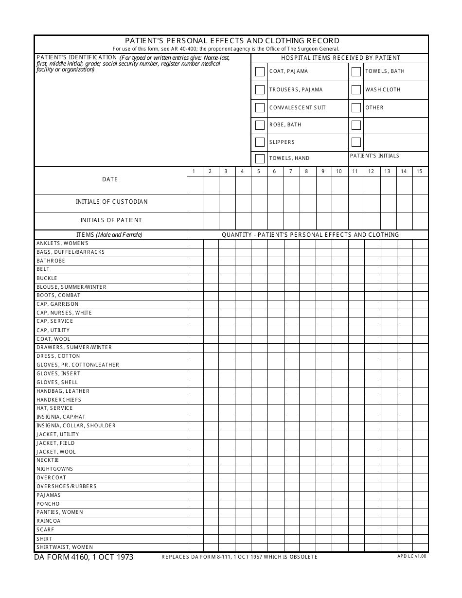 DA Form 4160 Patients Personal Effects and Clothing Record, Page 1