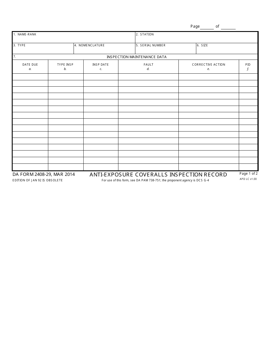 DA Form 2408-29 Anti-exposure Coveralls Inspection Record, Page 1