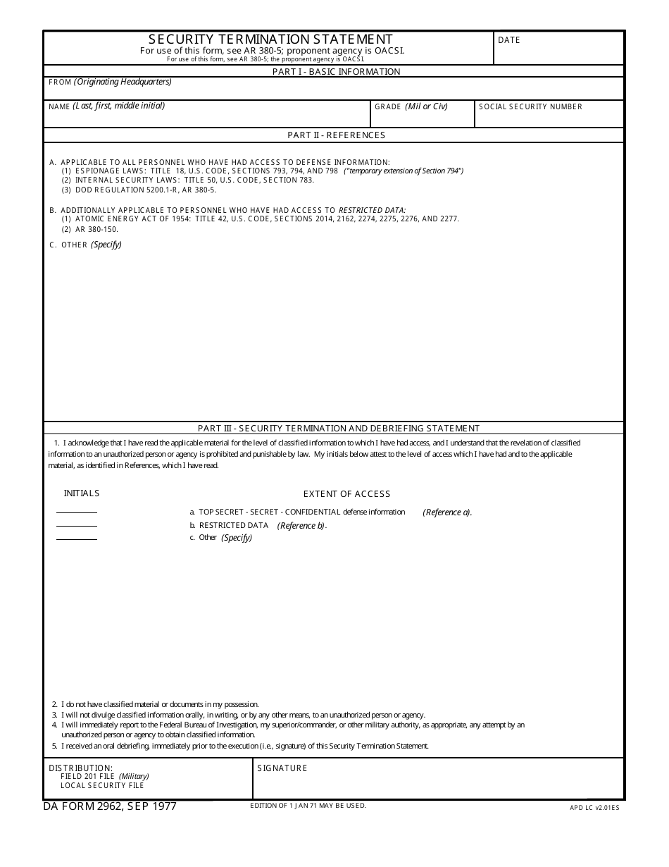 DA Form 2962 Security Termination Statement, Page 1