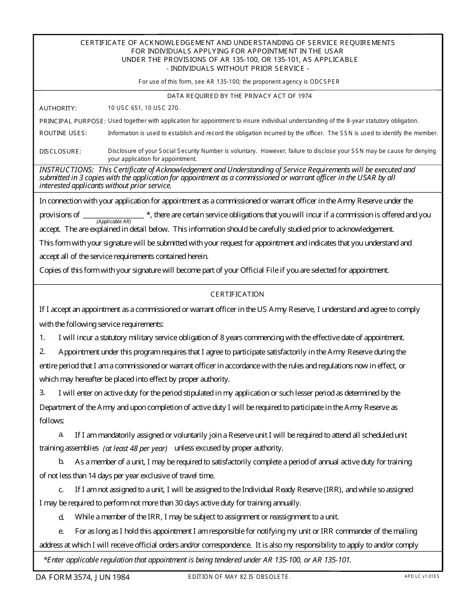 DA Form 3574 Certificate of Acknowledgement and Understanding of Service Requirements for Individuals Applying for Appointment in the USAR Under the Provisions of Ar 135-100 or 135-101 as Applicable - Individuals Without Prior Service, Page 1