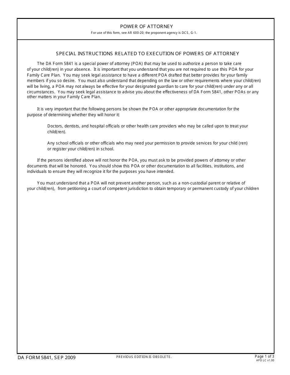 DA Form 5841 Power of Attorney, Page 1