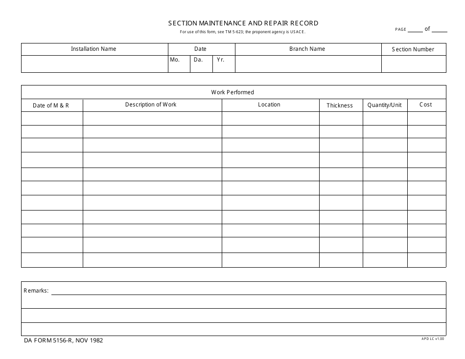 DA Form 5156-r Section Maintenance and Repair Record, Page 1