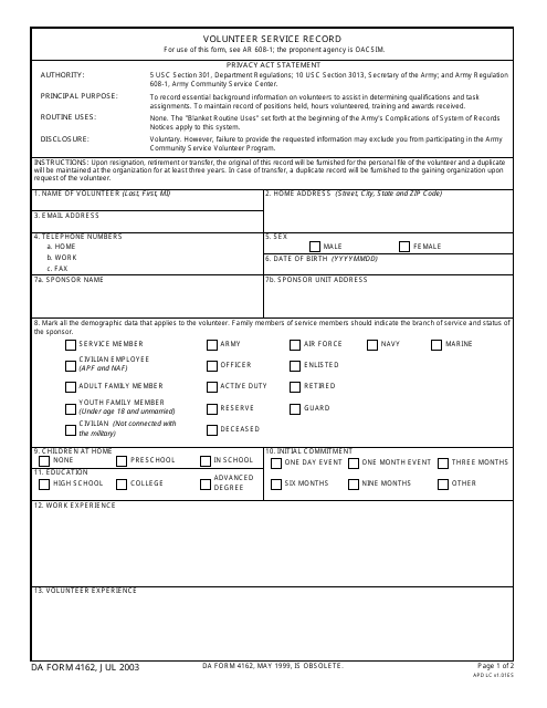 DA Form 4162 Volunteer Service Record